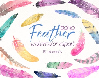 Boho Feather Clipart , Watercolor Bohemian feathers png clip art , bohemian wedding graphics , instant download.