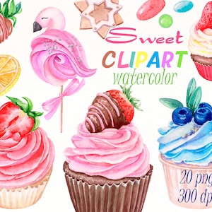Clipart de bolo aquarela. Sobremesa de frutas de padaria, cupcake e biscoitos clipart digital. Aniversário de verão, casamento, scrapbooking PNG.