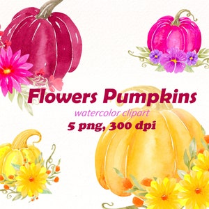 Pumpkin watercolor clipart , Fall png files , Thanksgiving clipart , pink pumpkin and watercolor flowers digital download.