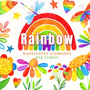 Rainbow watercolor flower Clipart , Colorful flowers clip art , Bright floral png files , multicolored background , digital download