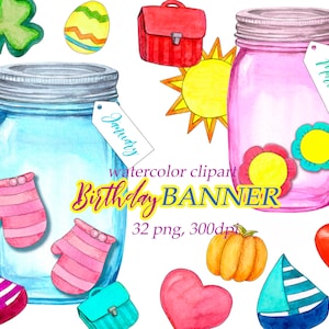 Clipart d'école d'aquarelle, art de clip de pots de maçon, png de planificateur d'anniversaire, bannière de salle de classe, téléchargement numérique de calendrier d'anniversaires