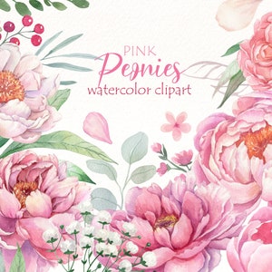 Aquarell Pfingstrosen Floral Clipart, Eukalyptus, Rosa Blumen Png, Greenery Clip Art, Boho Boho, handbemalt, digitaler Download.