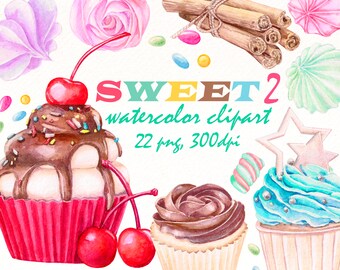 Watercolor Cake Clipart: Bakery Desserts, Fruit, Cookies (PNG Digital Download)