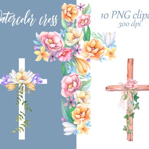Clipart de aquarela com cruz floral, clipart de batismo, clipart de Páscoa religiosa, download digital gráfico pintado à mão da Primeira Comunhão.