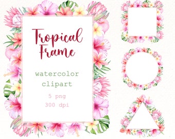Può includere: Cornici floreali tropicali ad acquerello con fiori rosa di ibisco, frangipane e protea. Le cornici sono quadrate, rotonde e triangolari. Il testo "Tropical Frame" è al centro dell'immagine.