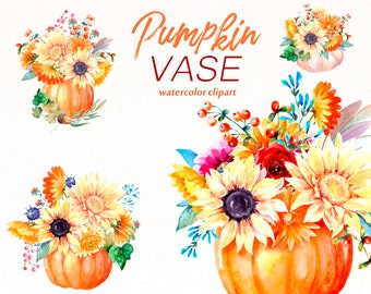 Blumenvase Kürbis Clipart: Aquarell Herbststrauß (Digitaler Download)