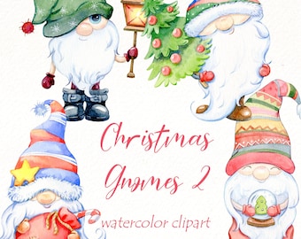 Christmas Gnomes Watercolor Clipart: Nordic Holiday PNG (Digital Download)