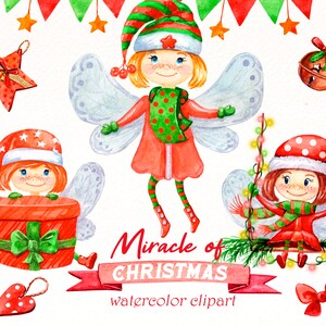 Fairy Christmas clipart, watercolor cute girl clip art, holiday png design, fairies hand painted, nursery illustration, digital download.