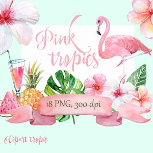 Watercolor tropical clipart, watercolor beach clip art, summer png, flamingo png, pineapple, tropical floral, leaf, flowers digital download