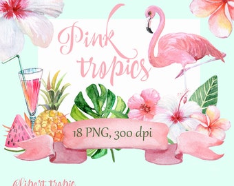Watercolor Tropical Clipart: Flamingo, Pineapple, Floral (Digital Download)