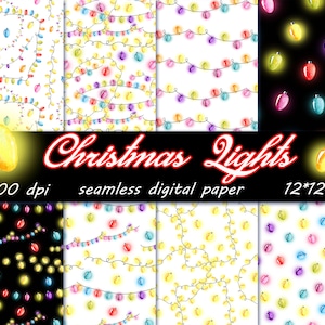 Christmas Lights Digital paper, Holiday seamless pattern, design paper pack, Christmas garland background.