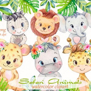 Safari Animals watercolor Clipart, Tropical Animal png, baby animal, hippo, lion, zebra, tiger, giraffe, elephant png digital download.
