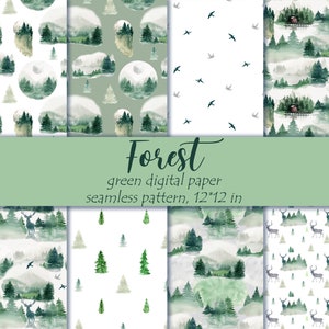 Paquete de papel digital de bosque, papeles digitales de paisaje de acuarela, pinos de bosque, conjunto de patrones digitales de ciervos, álbum de recortes de boda 12in.