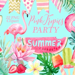 Tropical watercolor clipart , Summer hand painted Clip art , Flamingo Clipart , Tropical leaves png , Beach clipart , digital download.