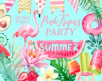 Watercolor Tropical Clipart: Flamingo, Leaves, Beach (Digital Download)