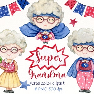 Clipart de vovó de super-herói, clipart de família em aquarela, gráficos de sublimação digital PNG de presente de vovó, download instantâneo de clipart de pessoas.