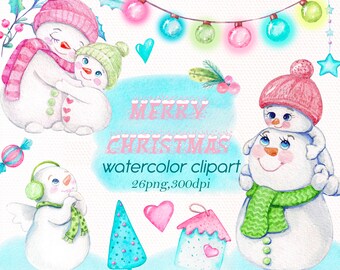 Snowman Watercolor Christmas Clipart: Festive Winter PNG (Digital Download)