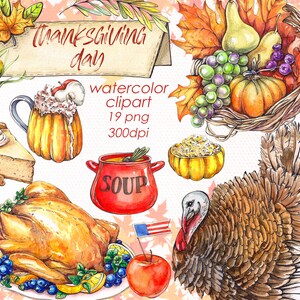 Puede incluir: Conjunto de clipart de acuarela para el Día de Acción de Gracias con un pavo asado, un tazón de sopa, un pastel de calabaza, una cornucopia con uvas y calabazas, una mazorca de maíz y un letrero que dice "Día de Acción de Gracias".