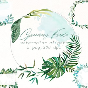 Clipart de cadre Tropical aquarelle, Couronne florale de printemps, feuilles de palmier de verdure cadres de mariage, téléchargement numérique de fichiers png