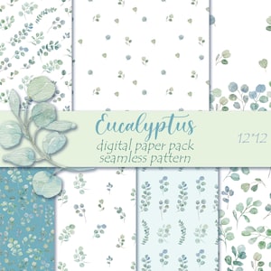 Eucalyptus Digital Paper, Watercolor seamless eucalyptus patterns for fabric printing , scrapbook paper instant download commercial use