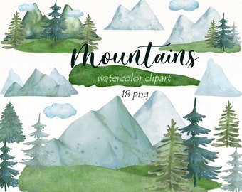 Watercolor Mountain Clipart: Pine Trees, Forest Landscape (PNG Digital Downloads)