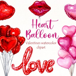 Heart Balloon clipart, Valentines Day watercolor clip art, Love balloon png, Red hearts holiday clipart, valentine card digital download.