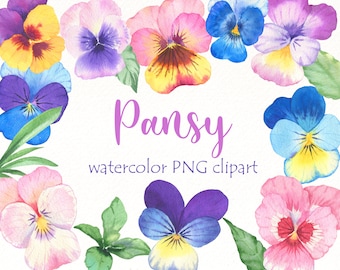 Clipart de pensamientos en acuarela: PNG floral rosa y morado (descarga digital)