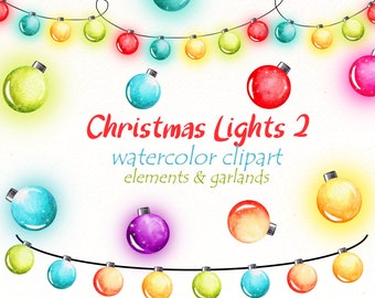 Christmas Garlands watercolor clipart, Holiday decoration clip art, String fairy lights png files digit download