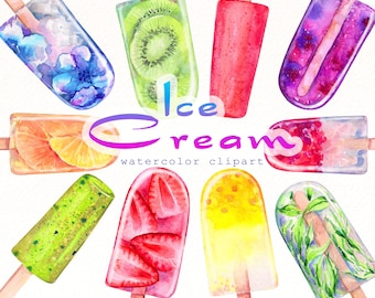 Watercolor Ice Cream Clipart: Summer PNG Graphics (Digital Download)