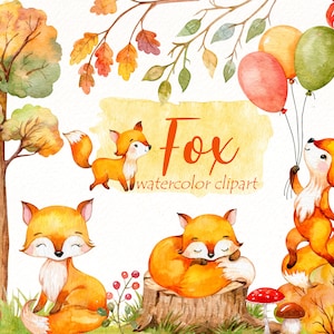 Cute Fox clipart, Watercolor woodland animal clip art, Fall landscape, Nursery decor, Birthday Party, Baby Shower digital download.