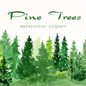 Pine Trees watercolor clipart, Landscape clip art, forest, woodland, Christmas trees png files, digital download.