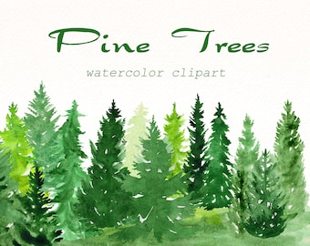 Clipart aquarelle de pins : forêt de Noël PNG (téléchargement numérique)