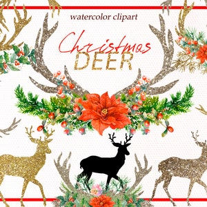 Weihnachten Hirsch Clipart, Aquarell Geweih mit Weihnachtsblume, Tannenzweige png Datei, Sublimation Design, scrapbooking, digitaler download