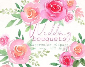 Clipart floral de acuarela: Ramos de flores rosas (Descarga digital)