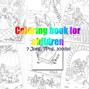 Navidad para colorear páginas natividad imprimible Navidad libro para colorear imágenes prediseñadas para niños, páginas digitales, png, jpeg, historia de Navidad, libro
