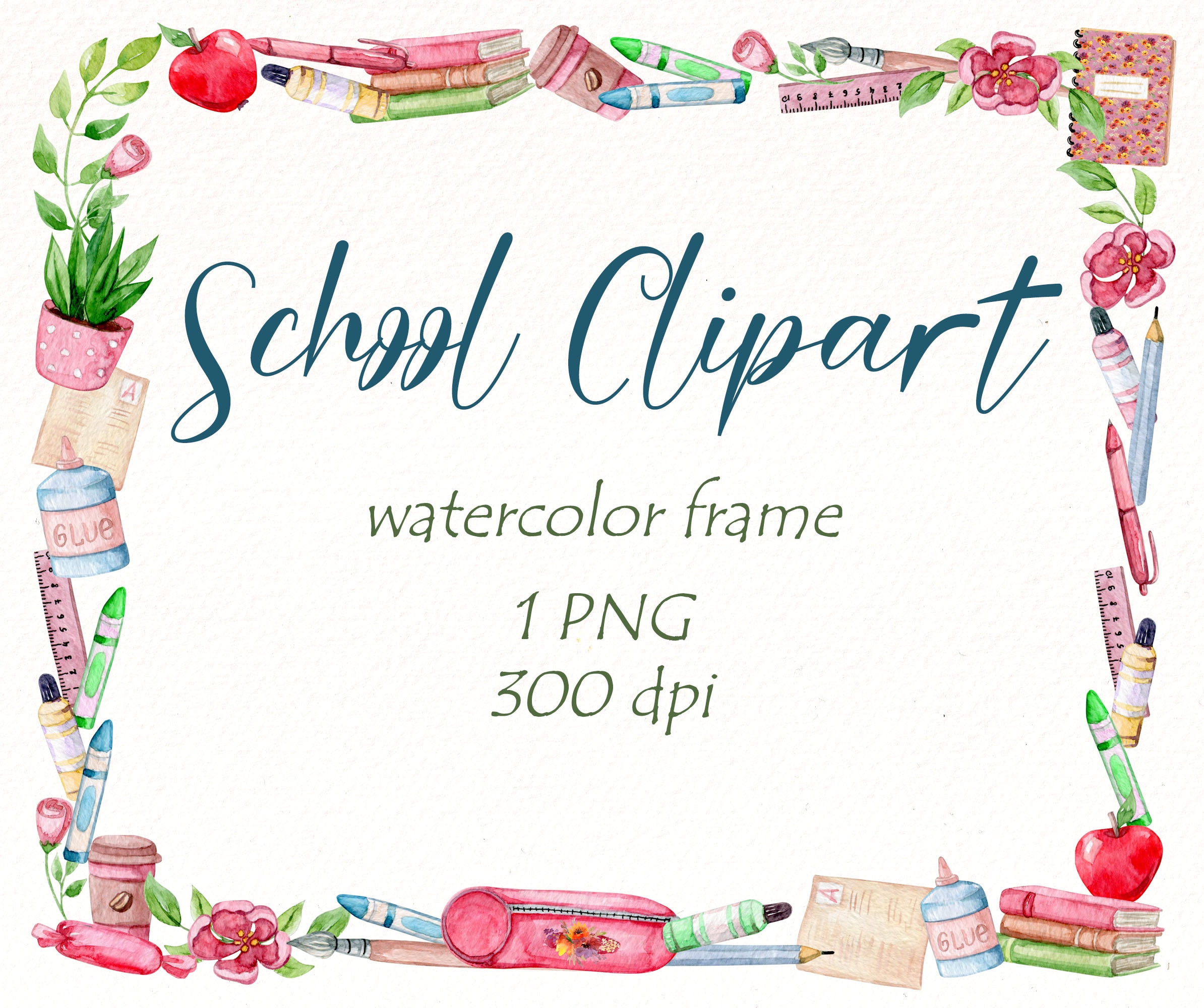 Watercolor School Clipart Frame: Back to School PNG (digital Download ...