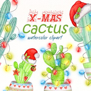 Imágenes prediseñadas de cactus de Navidad, imágenes prediseñadas de plantas lindas de acuarela con guirnalda navideña para archivos png de diseño de Navidad, descarga digital.