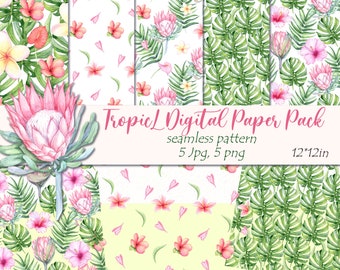 Watercolor Tropical Flowers Digital Paper: Botanical Seamless Pattern (Digital Download)