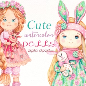 Doll Watercolor clipart, tilde dolls png, cartoon girls, cute dolls clip art, watercolor baby png, nursery art, scrapbook, digital download.