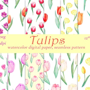 Pack de papier numérique tulipes, tulipe aquarelle, motif floral sans couture, imprimable printanier, scrapbooking, collage de fleurs, téléchargement instantané.