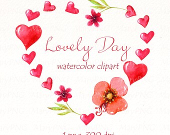 May include: Watercolor clipart of a heart shape made of red hearts and a single pink flower with green leaves. The text "Lovely Day watercolor clipart" is written in the center of the heart.