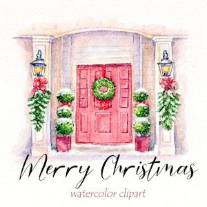 Christmas Scene Clipart, Holiday door decor, winter illustration, Snow Landscape watercolor, scrapbooking, sublimation digital download PNG