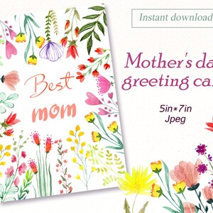 Mother's Day Printable Floral Card, Happy Birthday, Instant Download jpeg, Mom card, Invitation cards, 5x7in, digital download.