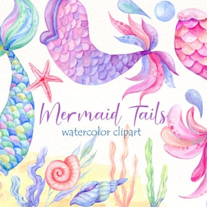 Clipart de queue de sirène aquarelle, clipart sous-marin, png de fête d'anniversaire pastel bébé fille, impression de douche de bébé, décor de pépinière, téléchargement numérique.