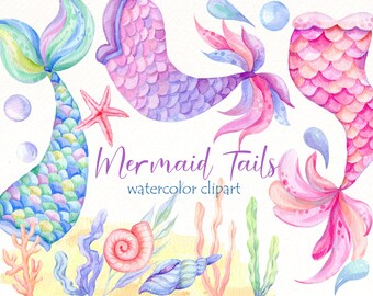 Watercolor Mermaid Tail Clipart: Undersea Party PNG (Digital Download)