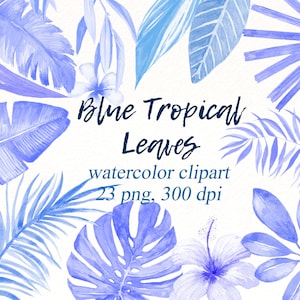 Watercolor Tropical Clipart, Tropic blue leaves monstera  png, plants illustration, Wedding invitation, baby shower, digital birthday card.