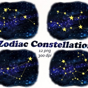 Zodiac Constellation Clipart, Aquarel galaxy clip art, Sterrenhemel graphics voor Space Party, stickers, scrapbooking, kwekerij afdrukbaar