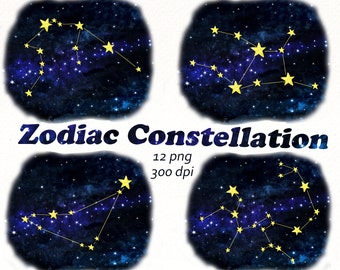 Watercolor Zodiac Constellation Clipart: Galaxy Starry Sky Graphics (Digital Download)
