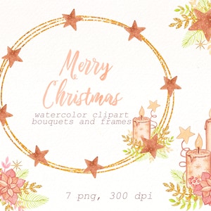 Imágenes Prediseñadas de marco de Navidad, ramos de flores de acuarela, corona png, imágenes prediseñadas de año nuevo, gráfico de vacaciones de invierno, diseño de boda, descarga digital