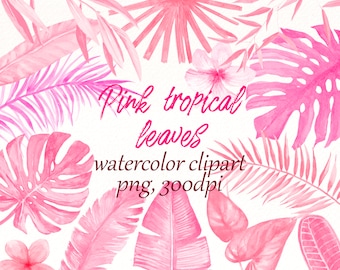 Watercolor Pink Tropical Leaves Clipart: PNG Graphics (Digital Download)